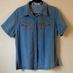 Embroidered denim Blue Button Down Shirt